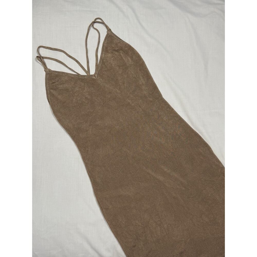 Rehab Ribbed Bodycon Midi Dress Medium Brown Strappy Minimalist Neutral